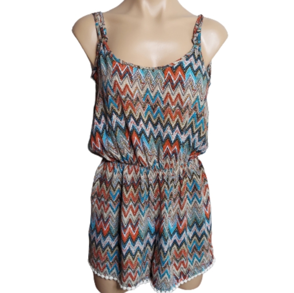 Love Tease Chevron Print Boho Pom Pom Hem Romper